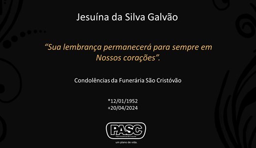 Familiares informam o falecimento de Jesuína da Silva Galvão