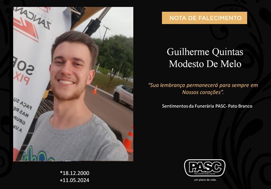 Familiares informam o falecimento do jovem Guilherme Quintas Modesto De Melo