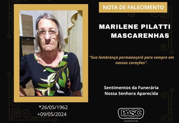 Marmeleiro: Familiares informam o falecimento de Marilene Pilatti Mascarenhas