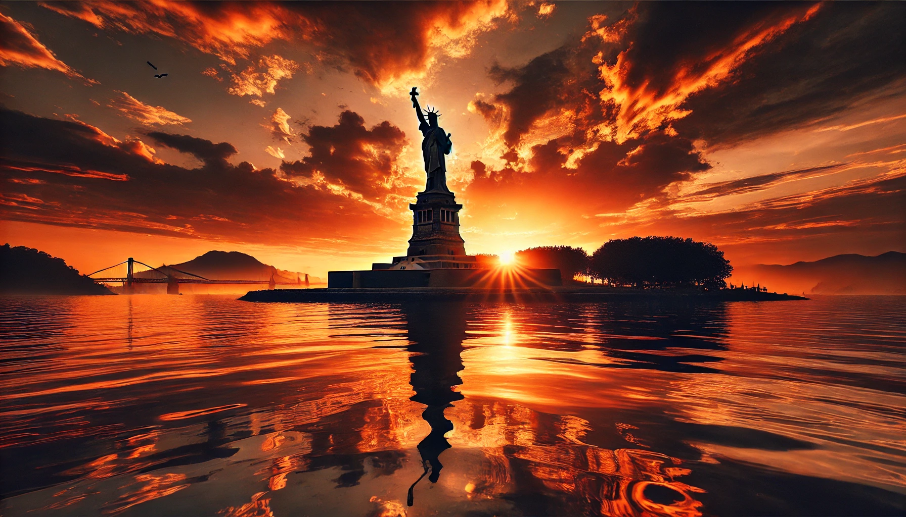 A Estátua da Liberdade ao pôr do sol, com o céu alaranjado refletindo na água ao redor da Ilha da Liberdade