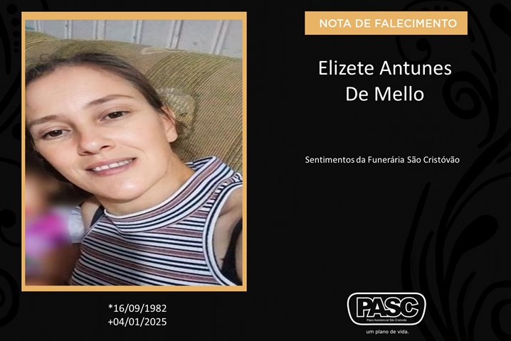 Família informa o falecimento de Elizete Antunes de Mello