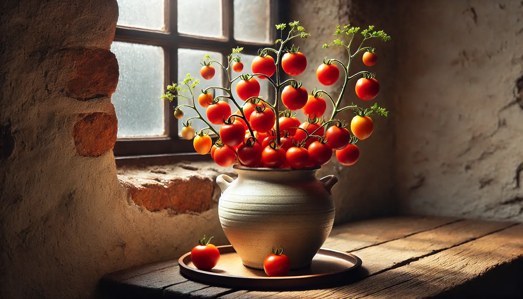 Tomates cereja em vasos pequenos