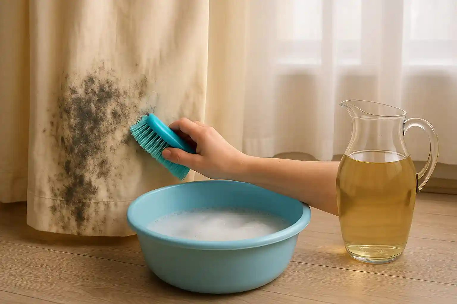 Como tirar mancha de mofo de cortinas com vinagre morno e sabão