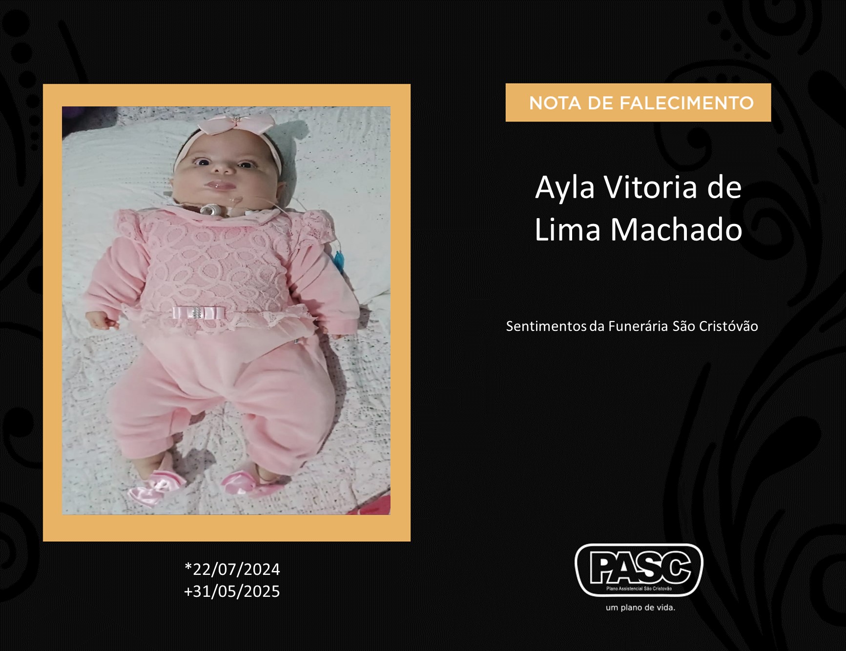 Familiares informam o falecimento da bebê Ayla Vitoria de Lima Machado
