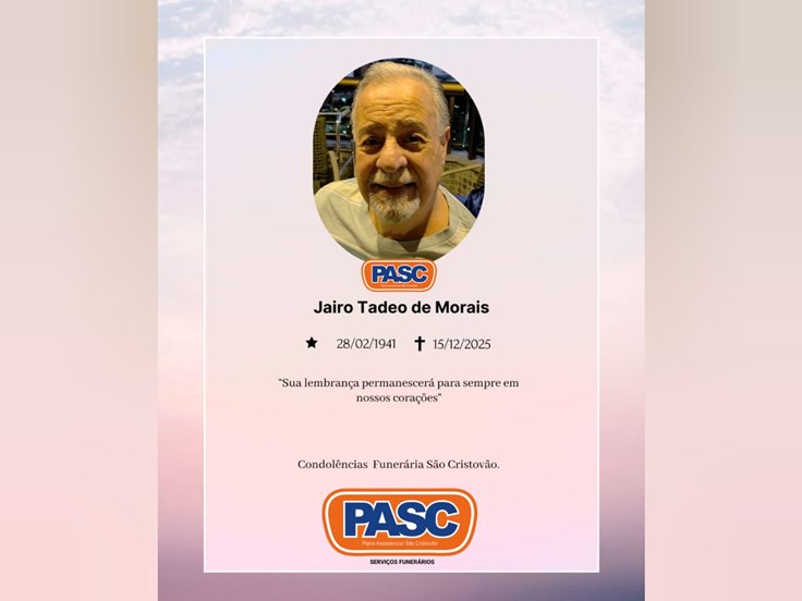 Familiares informam o falecimento de Jairo Tadeo De Morais